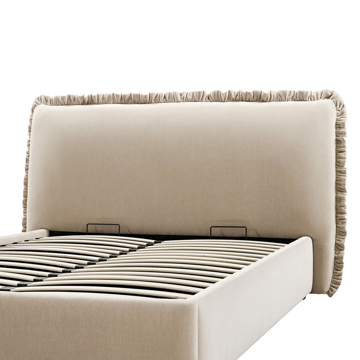 Celeste Upholstered Storage Bed with Ruffled Headboard in Fawn Chenille