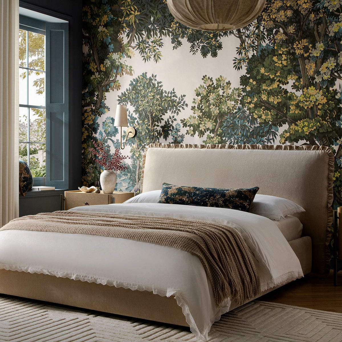 Celeste Upholstered Storage Bed with Ruffled Headboard in Fawn Chenille