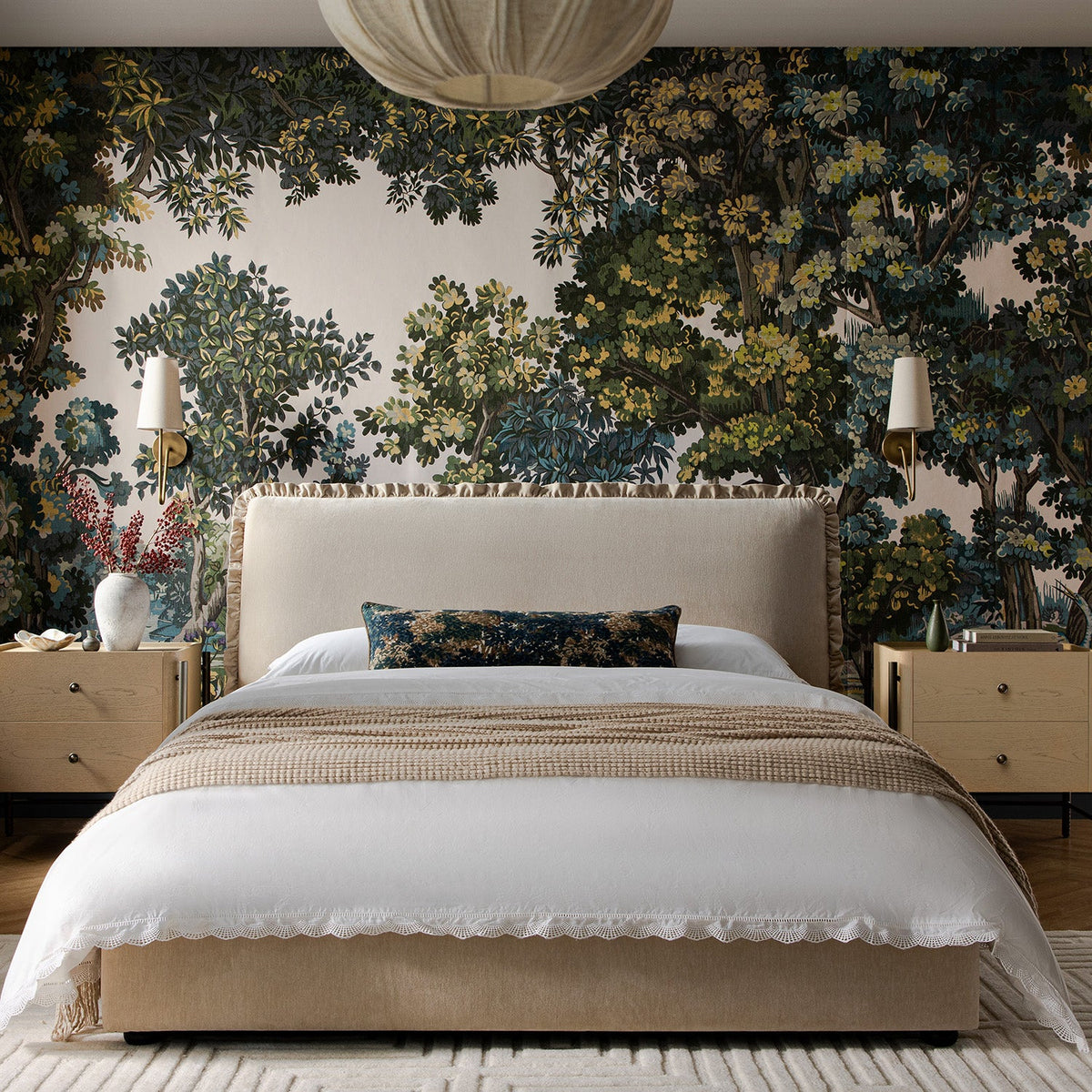 Celeste Upholstered Storage Bed with Ruffled Headboard in Fawn Chenille