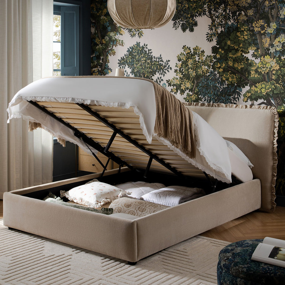 Celeste Upholstered Storage Bed with Ruffled Headboard in Fawn Chenille
