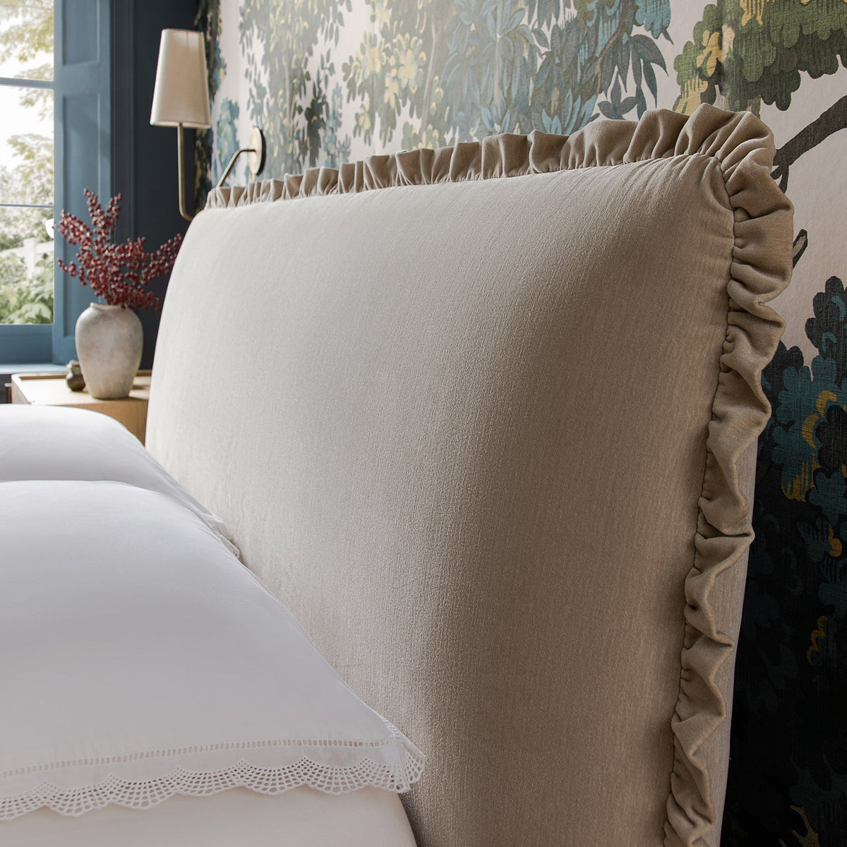 Celeste Upholstered Storage Bed with Ruffled Headboard in Fawn Chenille
