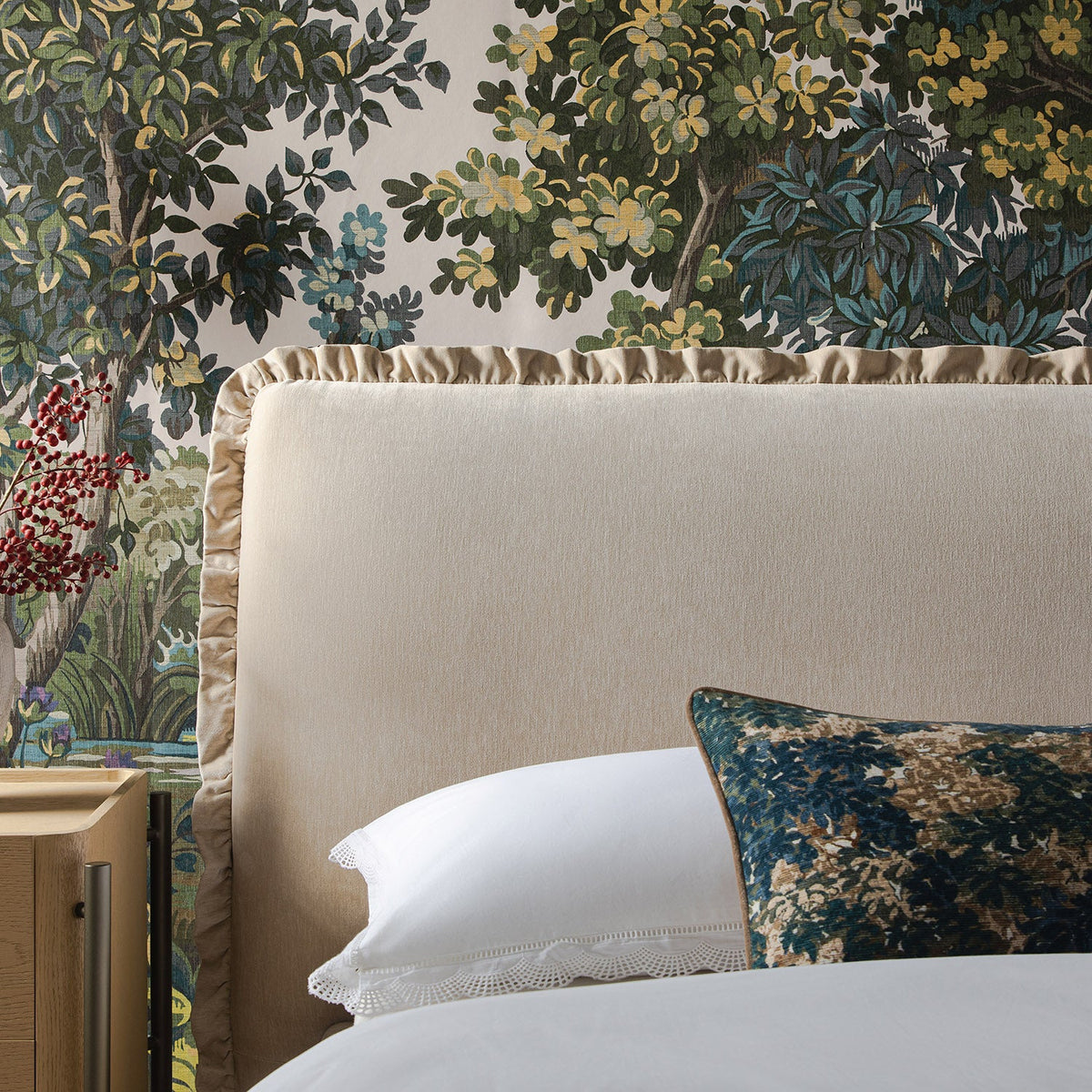 Celeste Upholstered Storage Bed with Ruffled Headboard in Fawn Chenille