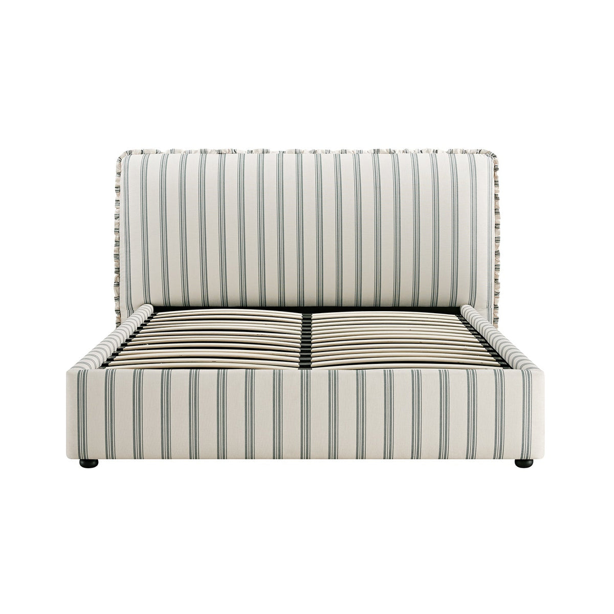 Celeste Upholstered Storage Bed with Ruffled Headboard in Laurel Green Stripe