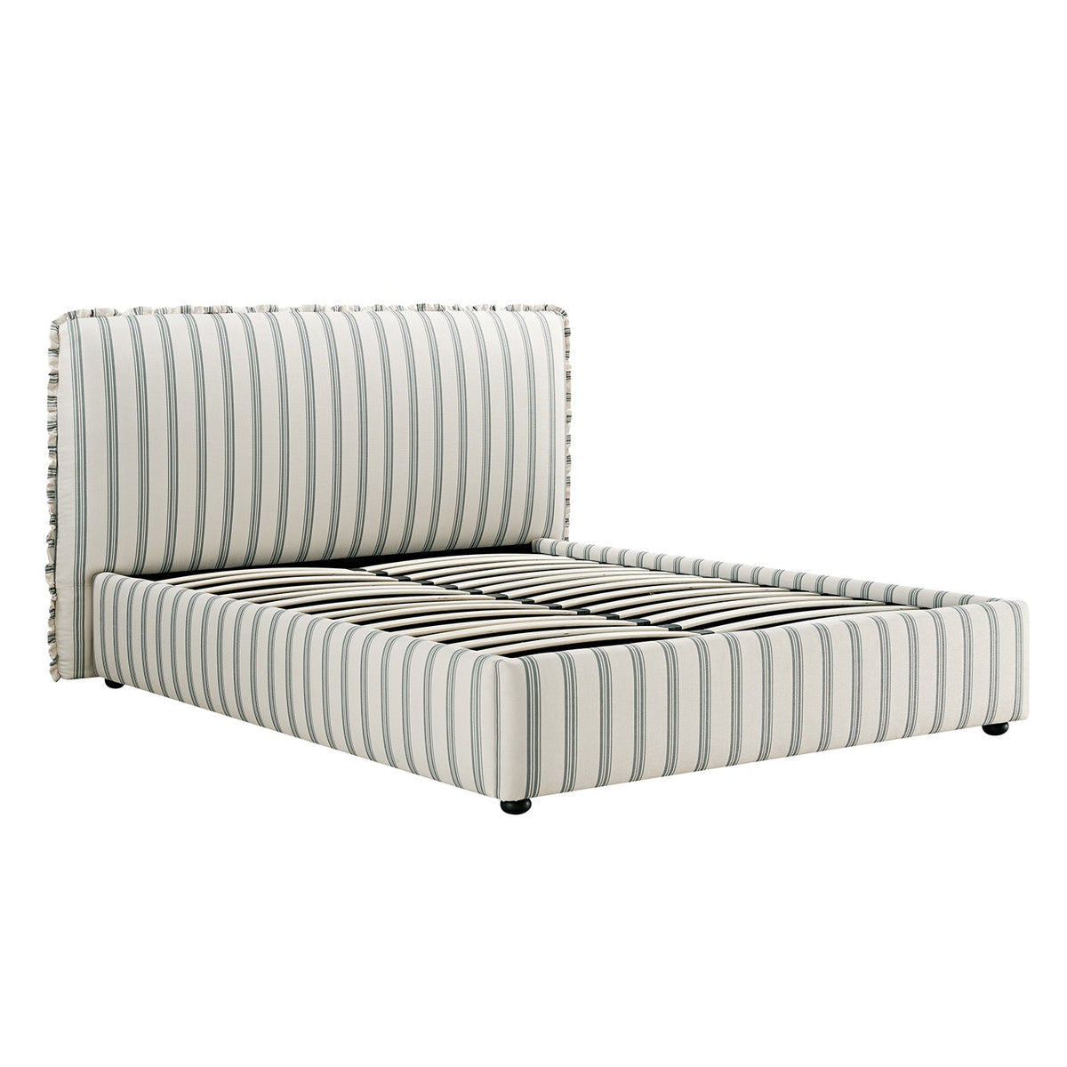 Celeste Upholstered Storage Bed with Ruffled Headboard in Laurel Green Stripe