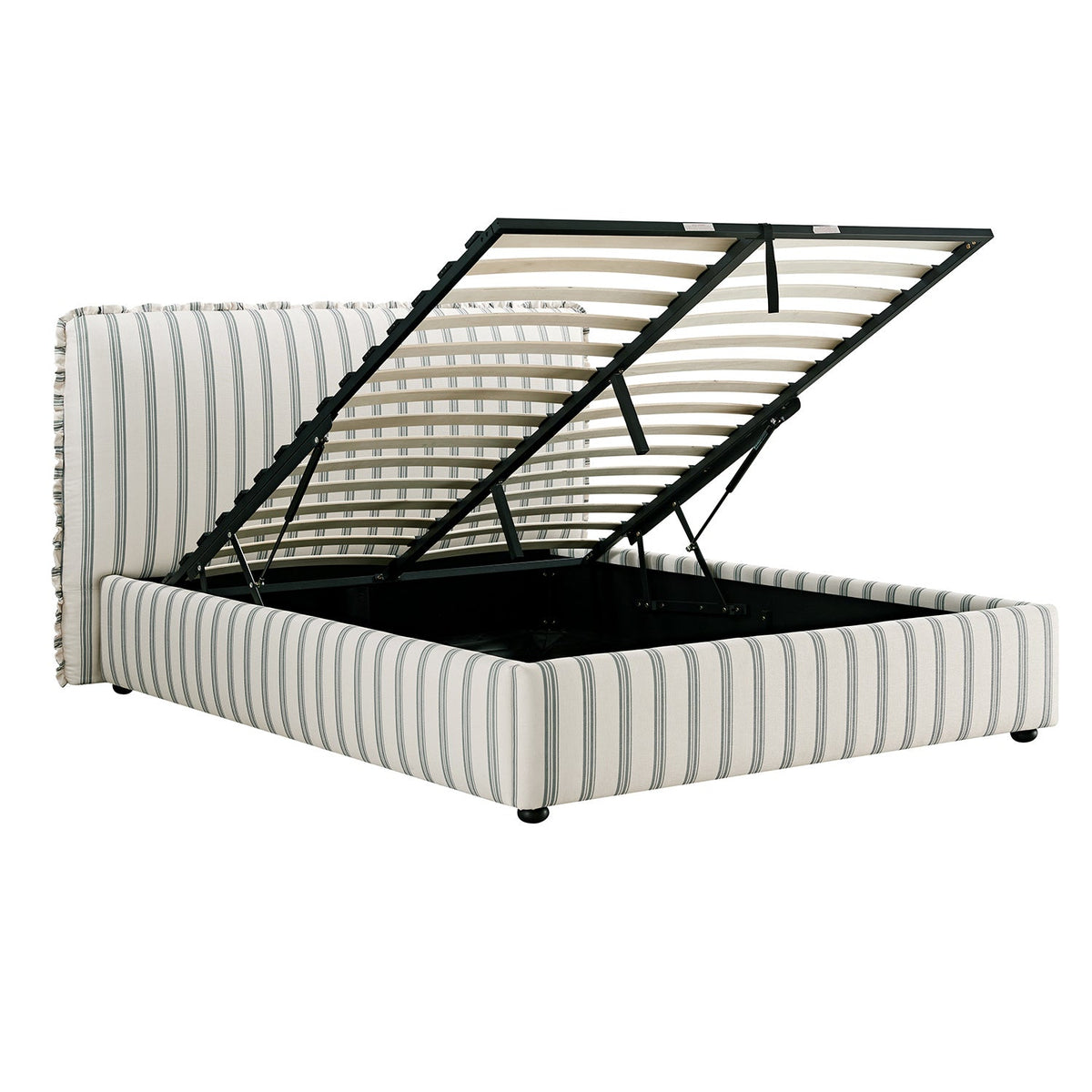 Celeste Upholstered Storage Bed with Ruffled Headboard in Laurel Green Stripe