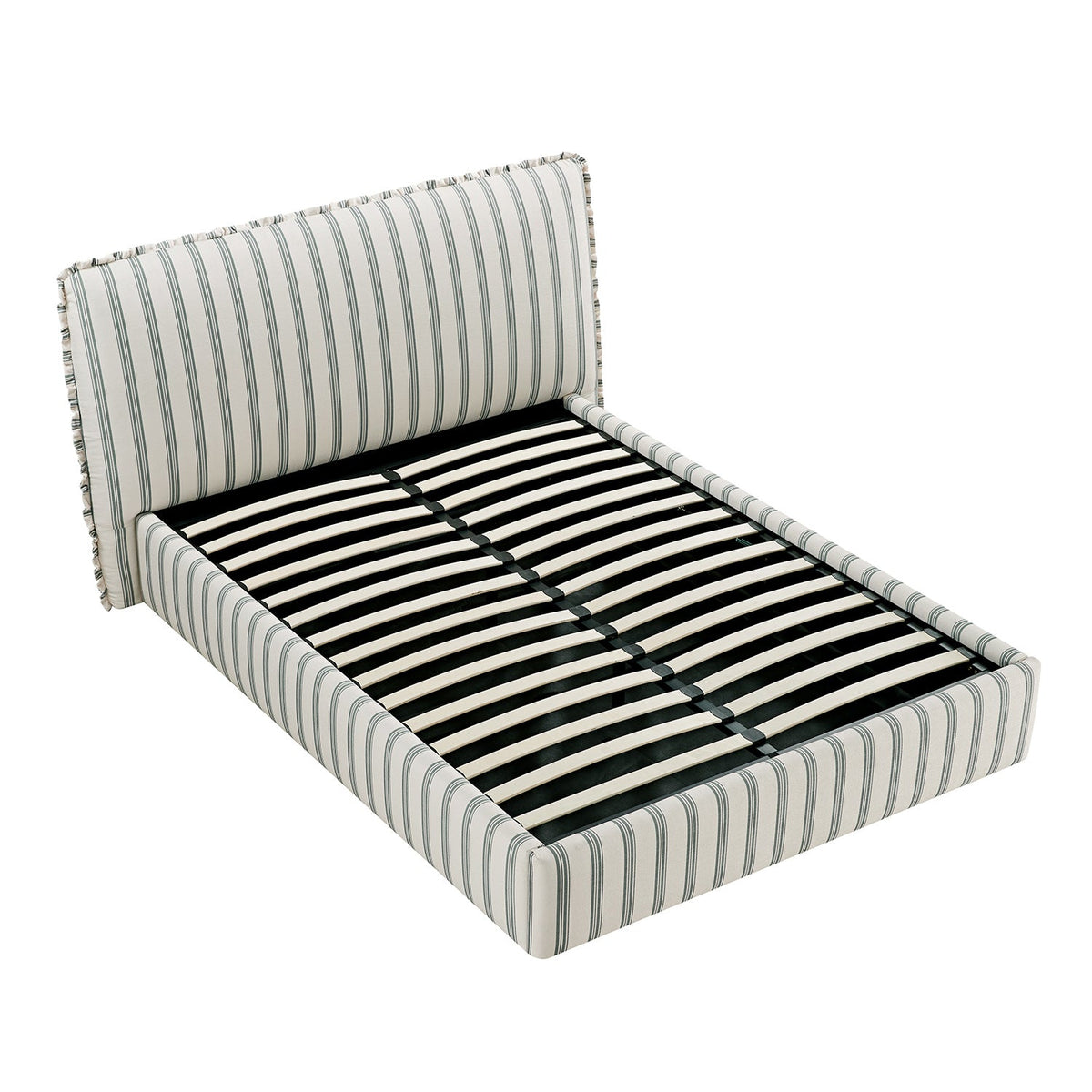 Celeste Upholstered Storage Bed with Ruffled Headboard in Laurel Green Stripe