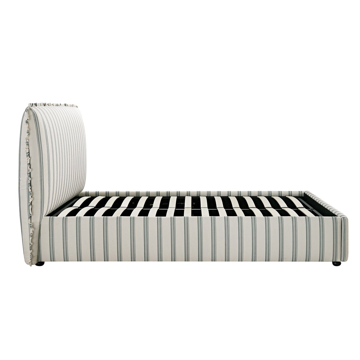 Celeste Upholstered Storage Bed with Ruffled Headboard in Laurel Green Stripe