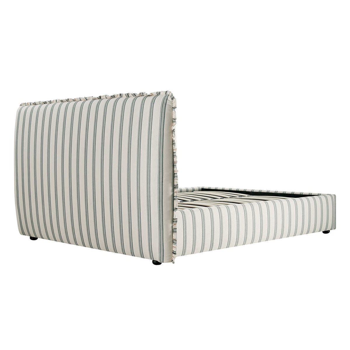Celeste Upholstered Storage Bed with Ruffled Headboard in Laurel Green Stripe