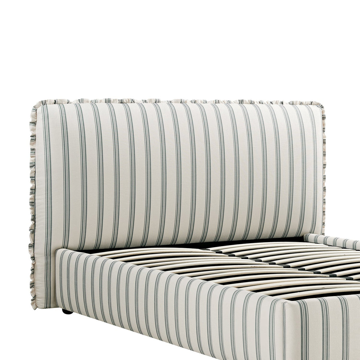 Celeste Upholstered Storage Bed with Ruffled Headboard in Laurel Green Stripe