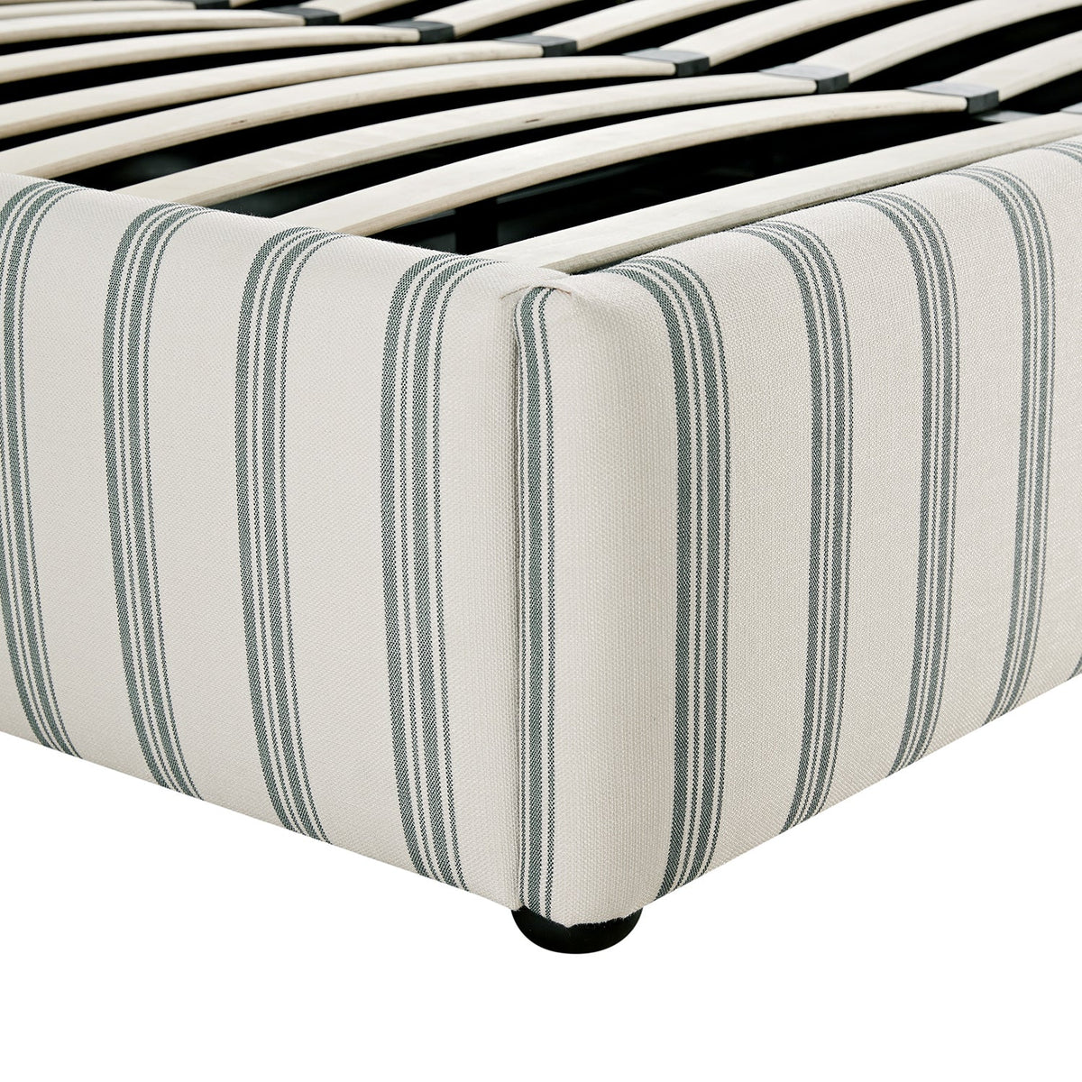 Celeste Upholstered Storage Bed with Ruffled Headboard in Laurel Green Stripe