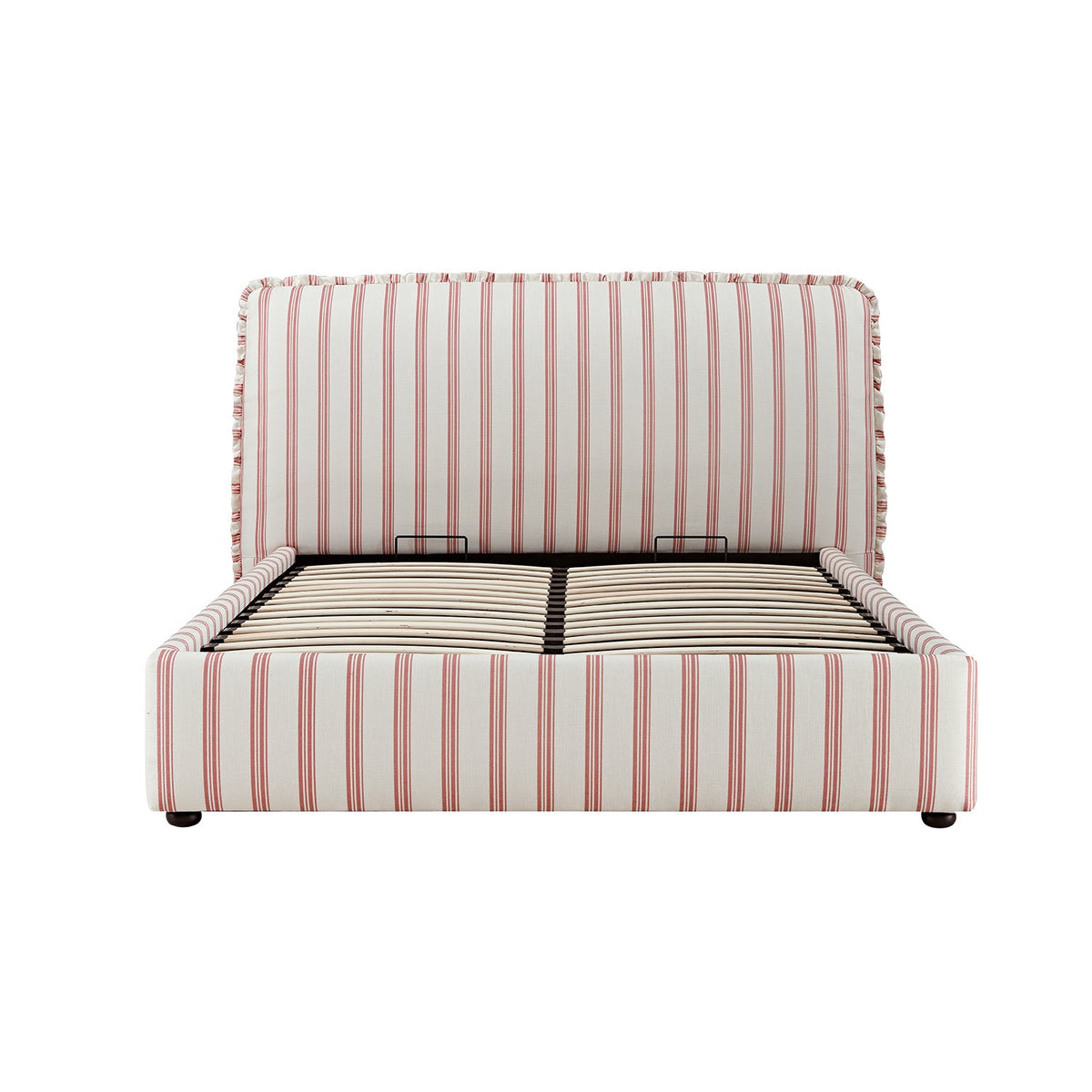 Celeste Upholstered Storage Bed with Ruffled Headboard in Peony Red Stripe
