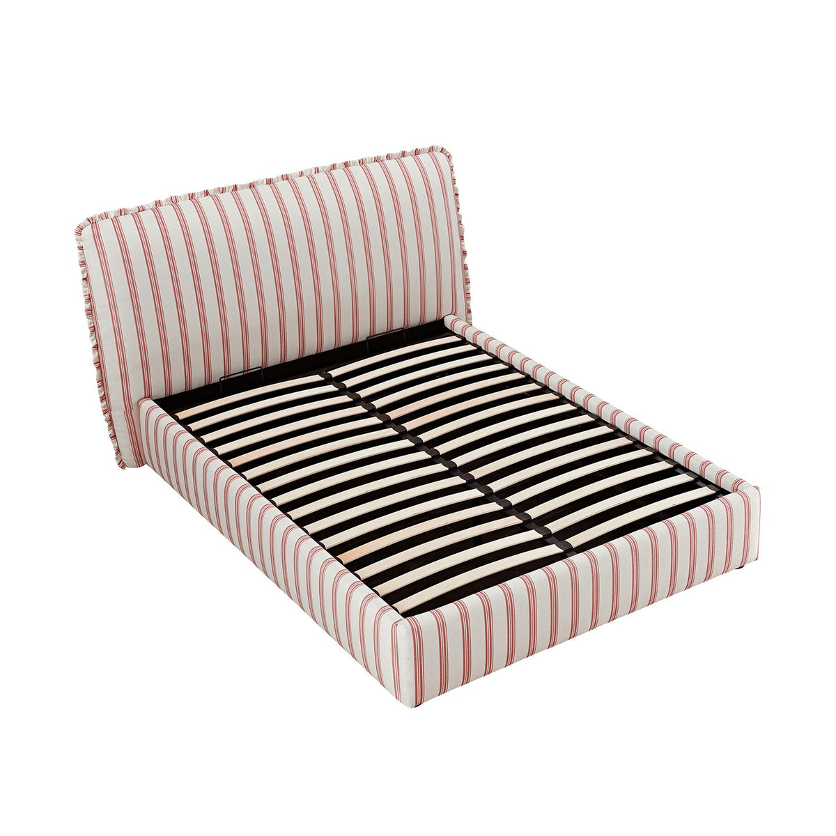 Celeste Upholstered Storage Bed with Ruffled Headboard in Peony Red Stripe