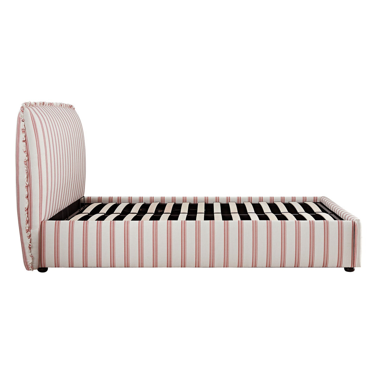 Celeste Upholstered Storage Bed with Ruffled Headboard in Peony Red Stripe
