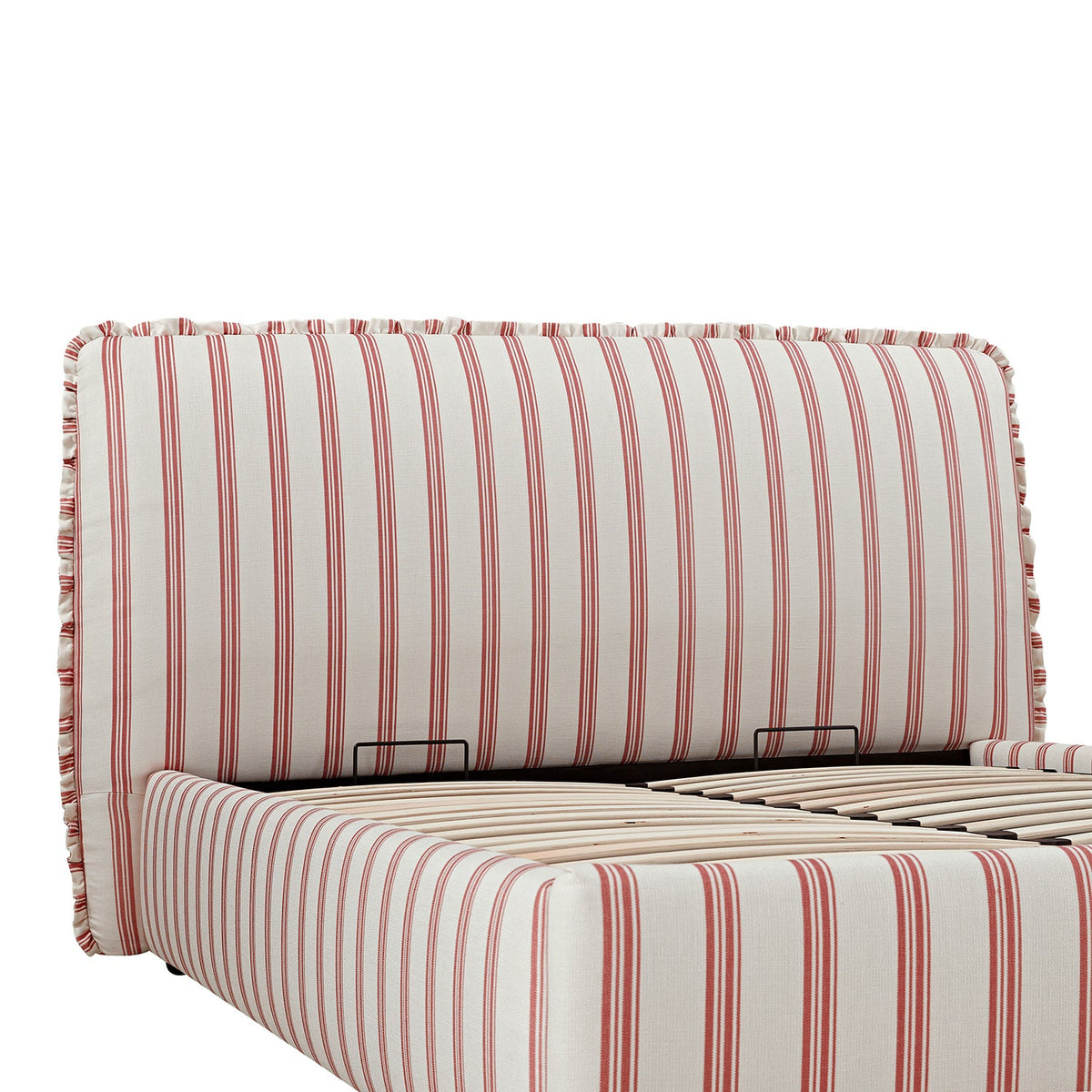 Celeste Upholstered Storage Bed with Ruffled Headboard in Peony Red Stripe