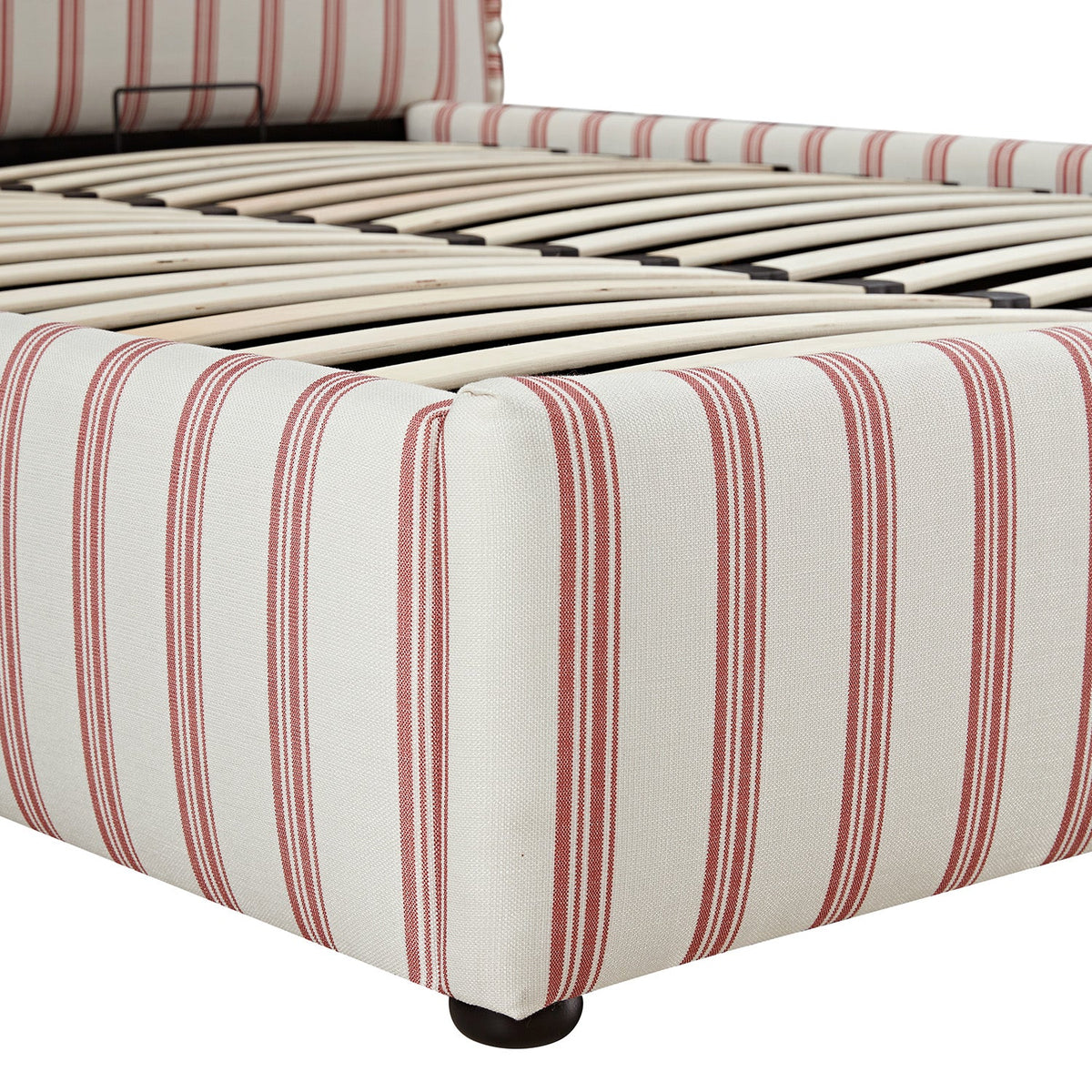 Celeste Upholstered Storage Bed with Ruffled Headboard in Peony Red Stripe