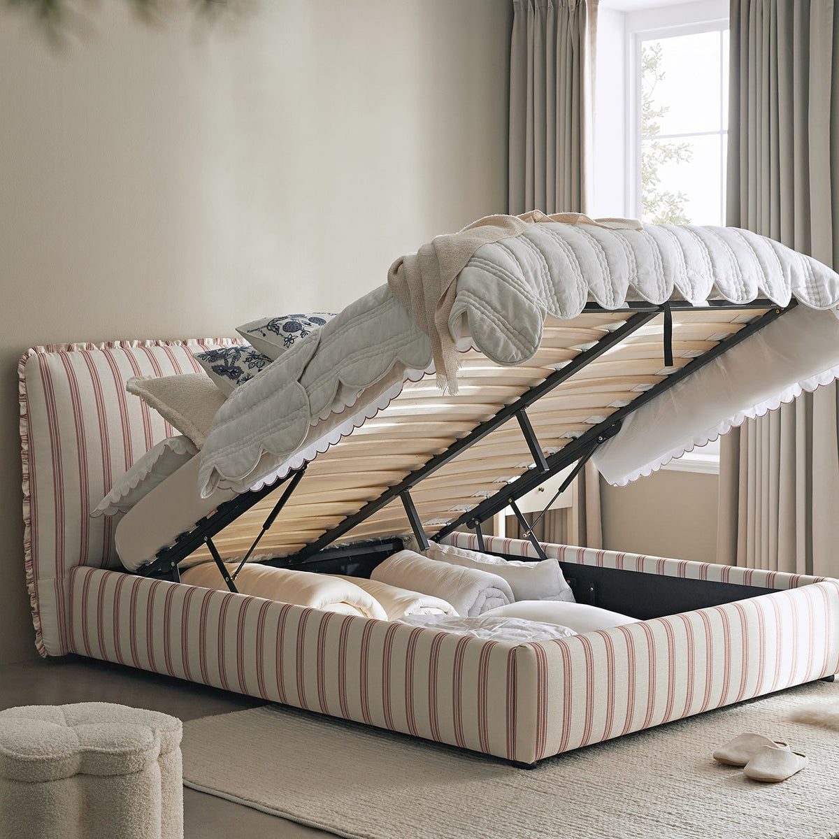 Celeste Upholstered Storage Bed with Ruffled Headboard in Peony Red Stripe