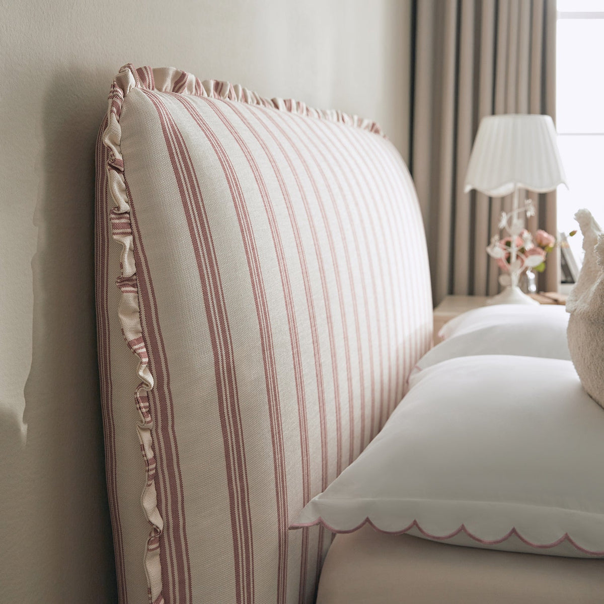 Celeste Upholstered Storage Bed with Ruffled Headboard in Peony Red Stripe