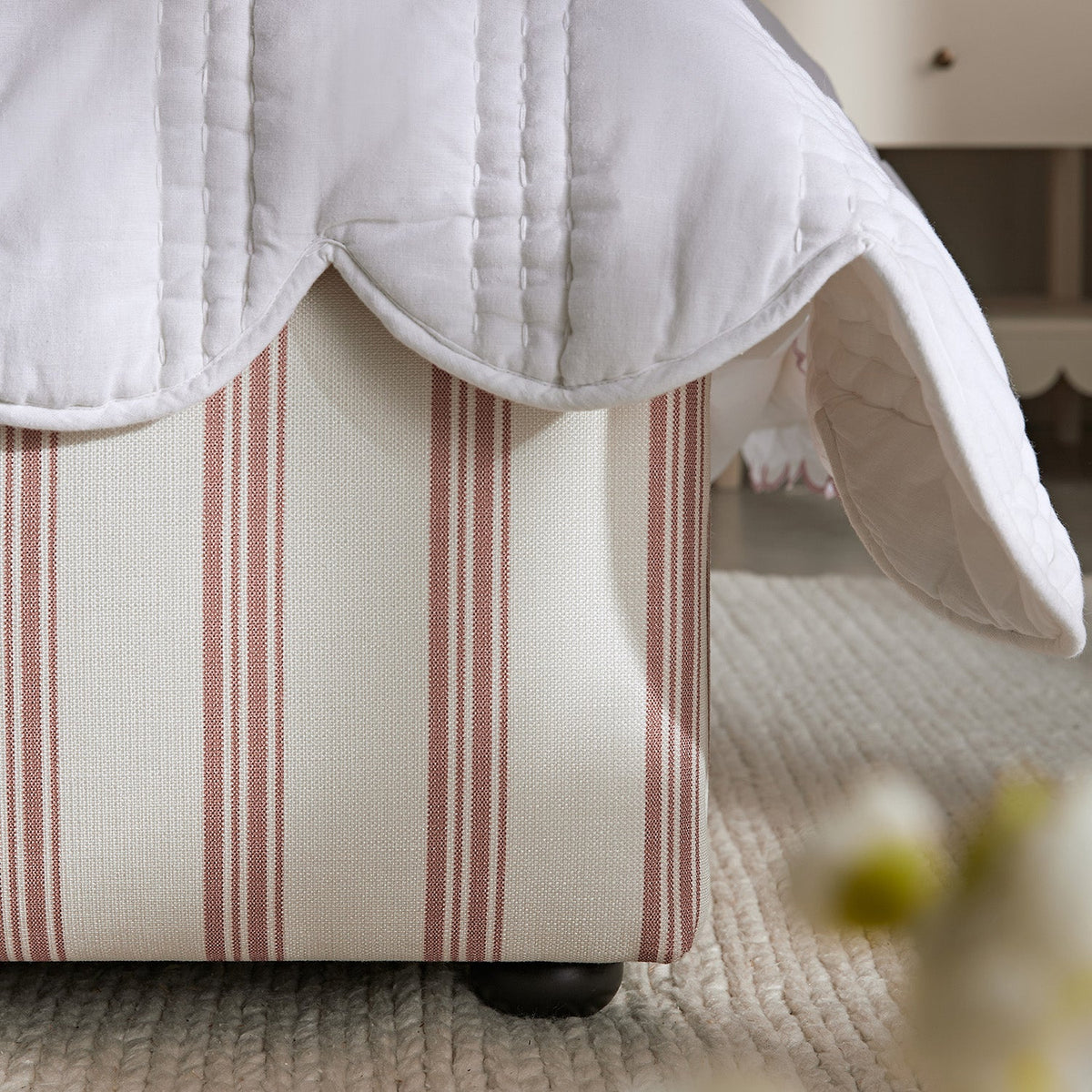 Celeste Upholstered Storage Bed with Ruffled Headboard in Peony Red Stripe