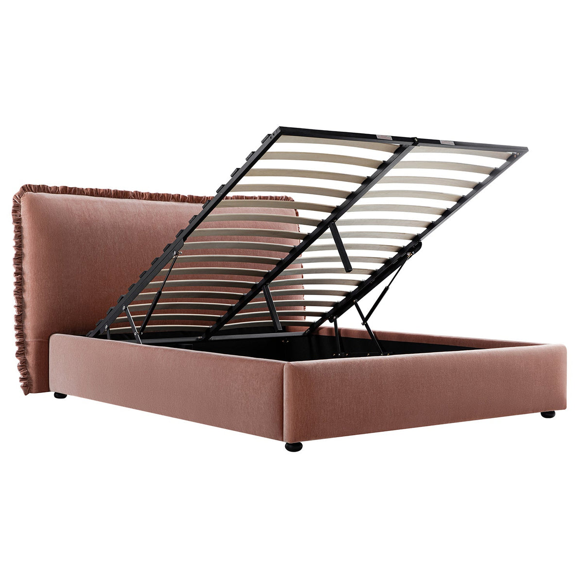 Celeste Upholstered Storage Bed with Ruffled Headboard in Antique Rose Chenille