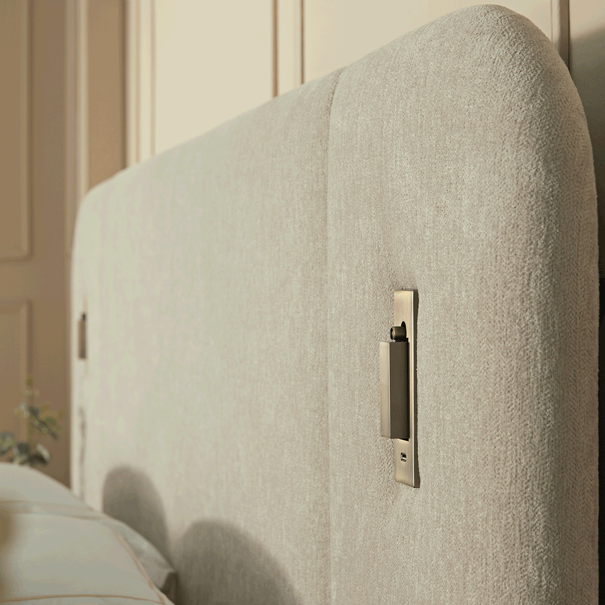 Della Extended Headboard Storage Bed in Soft Beige Chenille