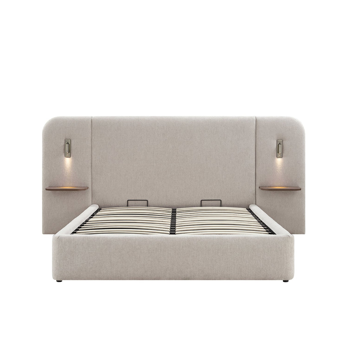 Della Extended Headboard Storage Bed in Soft Beige Chenille