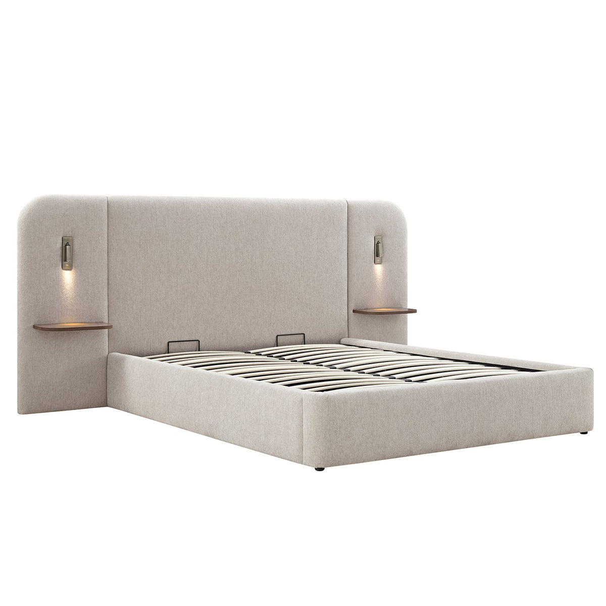Della Extended Headboard Storage Bed in Soft Beige Chenille