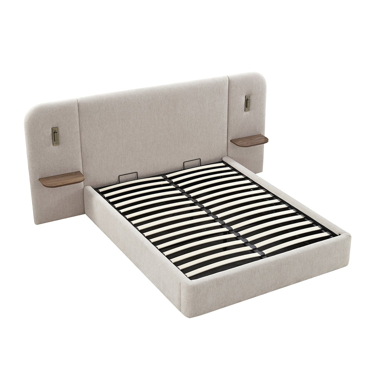 Della Extended Headboard Storage Bed in Soft Beige Chenille