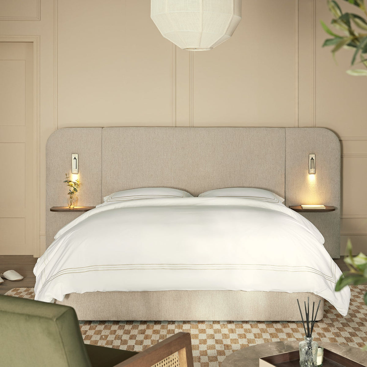 Della Extended Headboard Storage Bed in Soft Beige Chenille