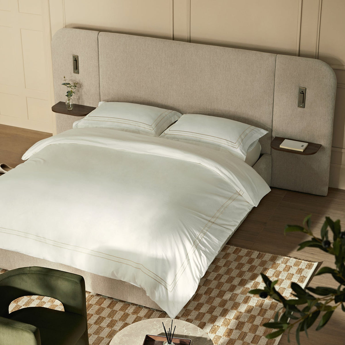 Della Extended Headboard Storage Bed in Soft Beige Chenille
