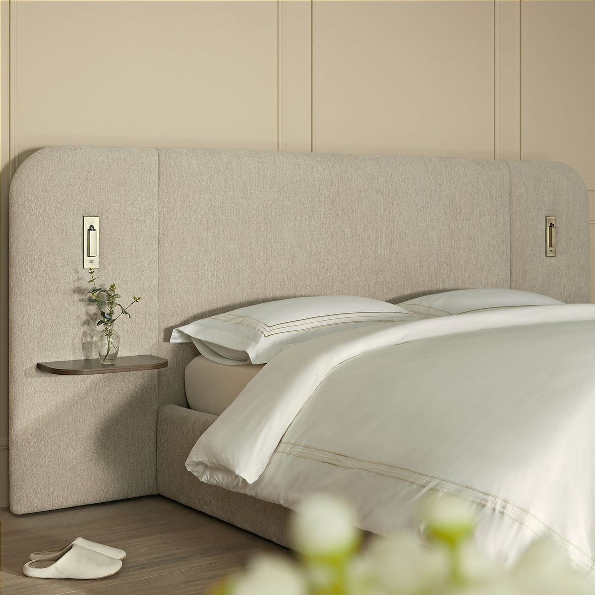 Della Extended Headboard Storage Bed in Soft Beige Chenille