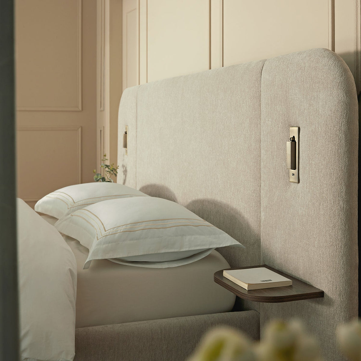 Della Extended Headboard Storage Bed in Soft Beige Chenille