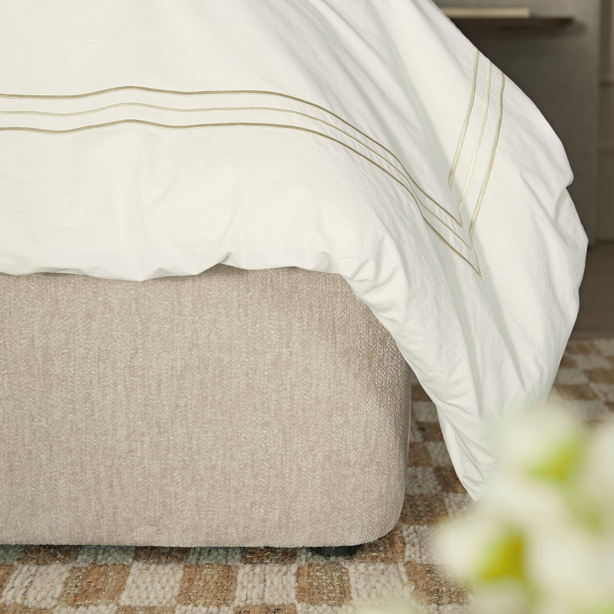Della Extended Headboard Storage Bed in Soft Beige Chenille