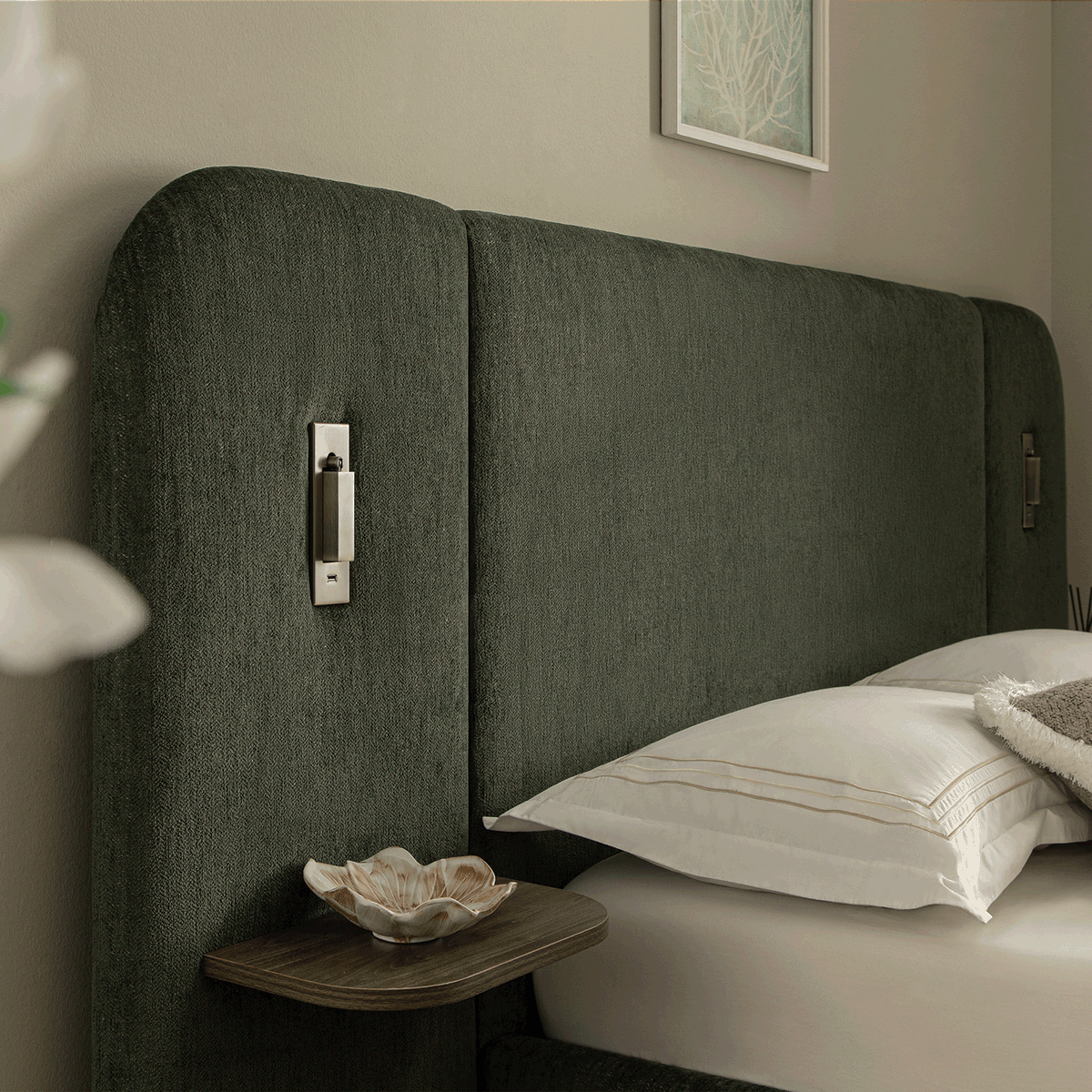 Della Extended Headboard Storage Bed in Moss Green Chenille