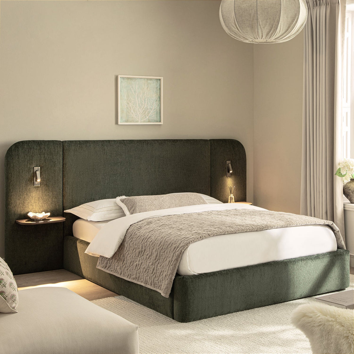 Della Extended Headboard Storage Bed in Moss Green Chenille