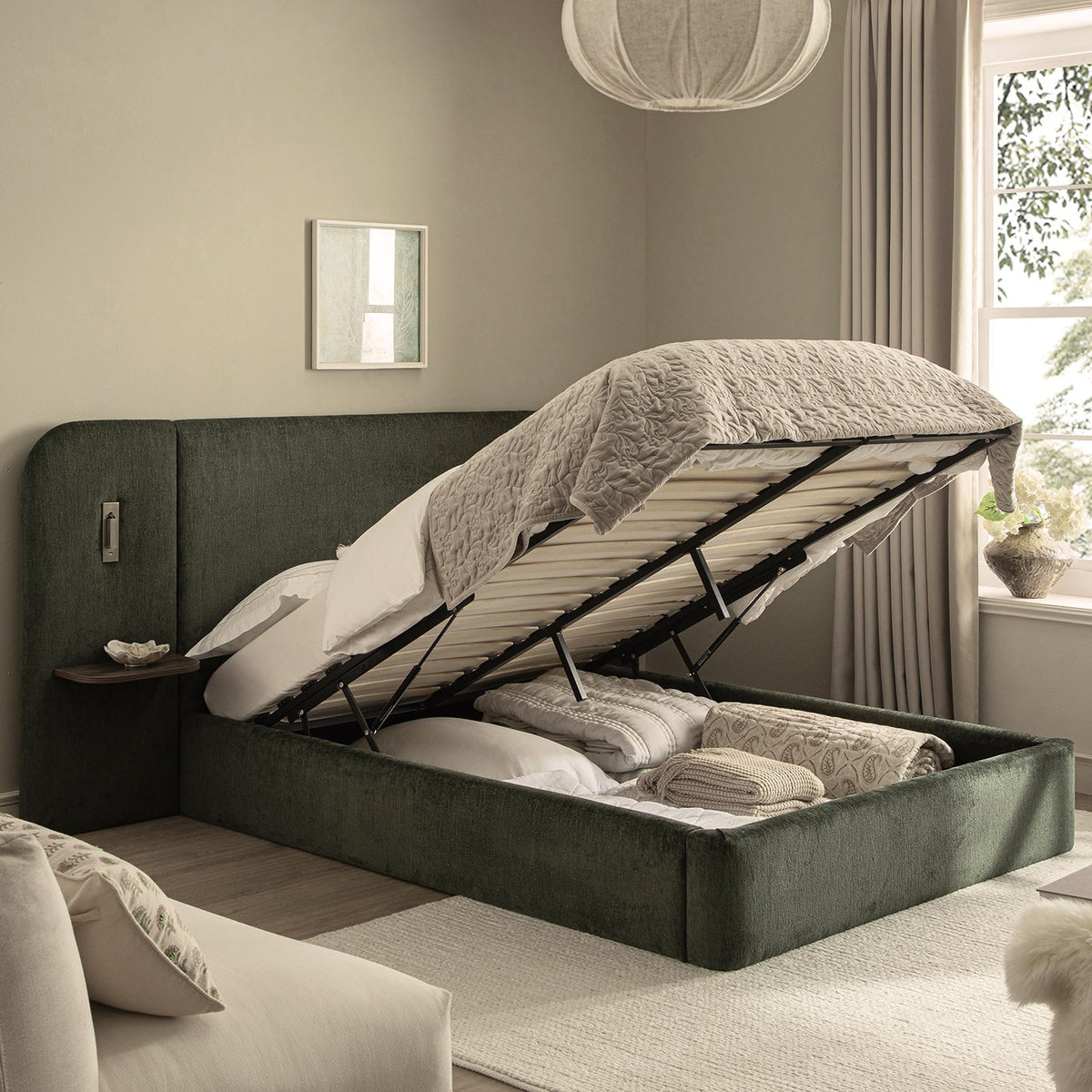 Della Extended Headboard Storage Bed in Moss Green Chenille