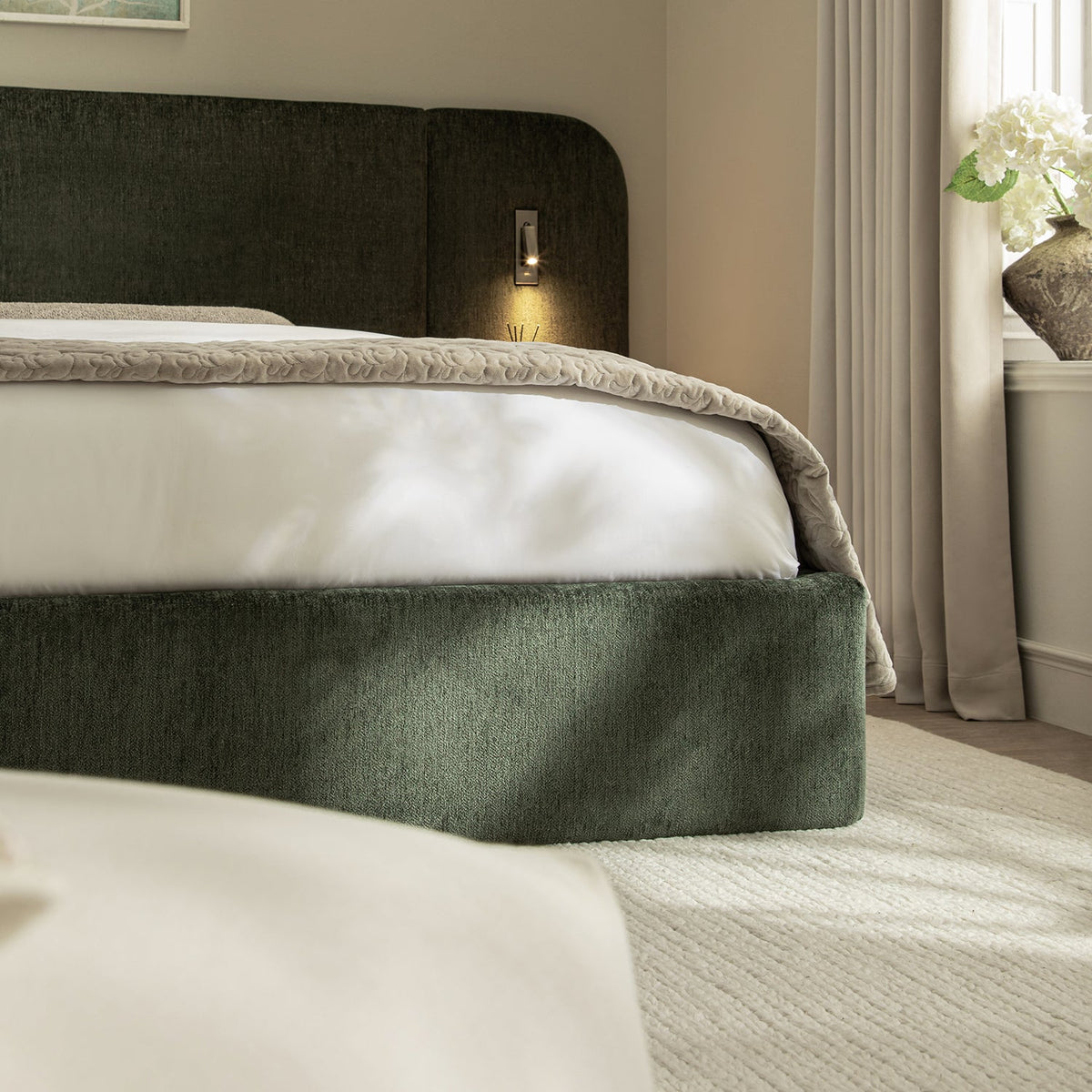 Della Extended Headboard Storage Bed in Moss Green Chenille