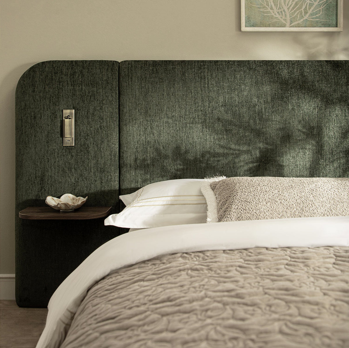 Della Extended Headboard Storage Bed in Moss Green Chenille