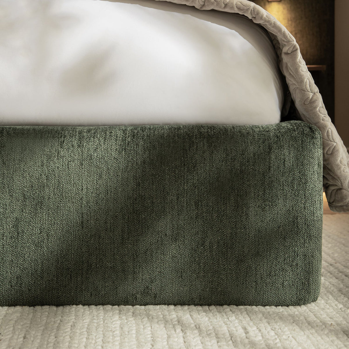 Della Extended Headboard Storage Bed in Moss Green Chenille