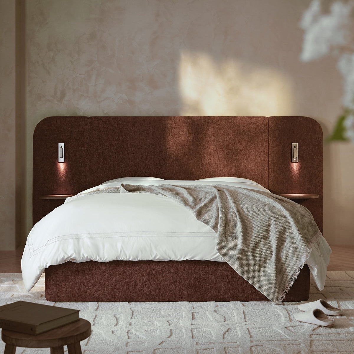 Della Extended Headboard Storage Bed in Burnt Brick Chenille