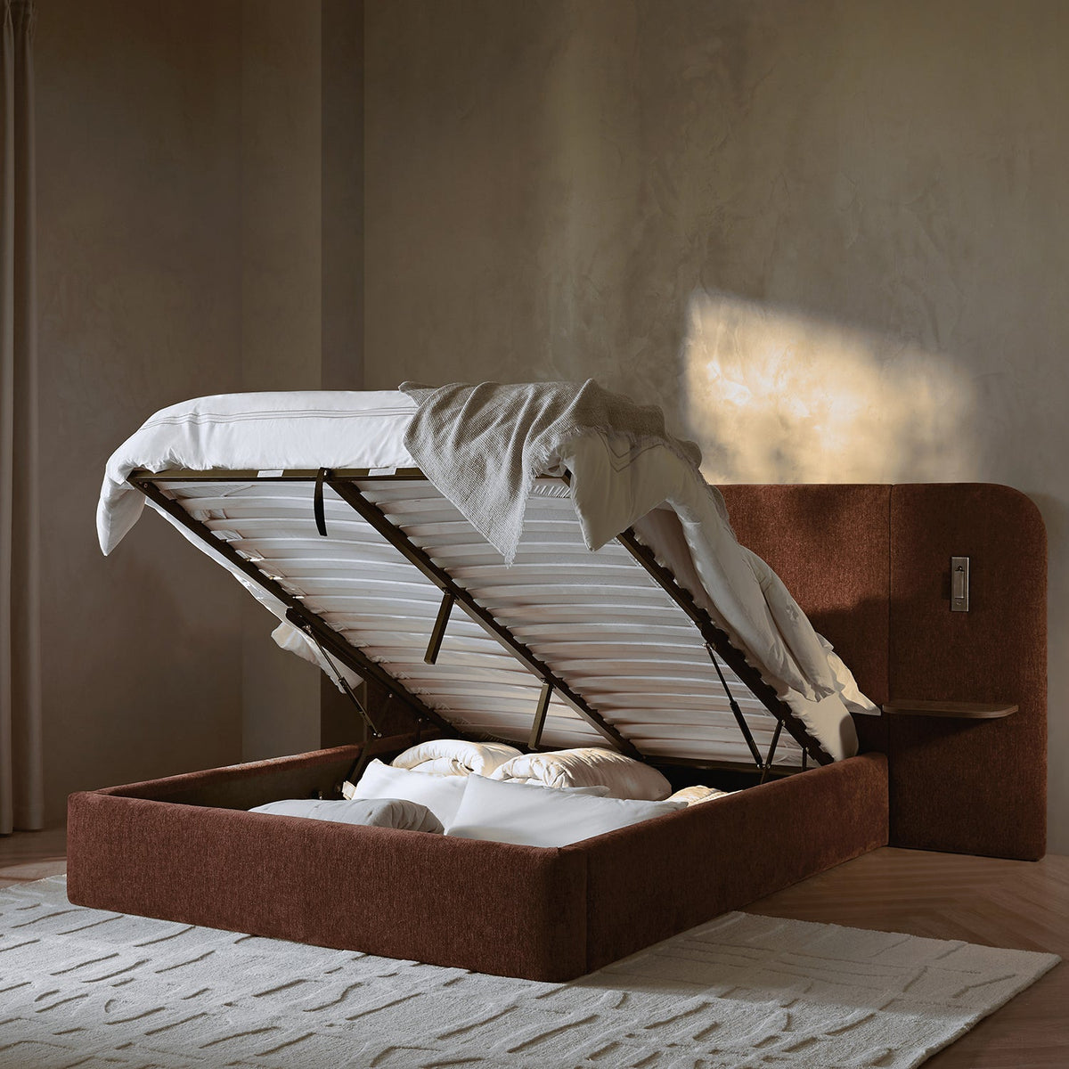 Della Extended Headboard Storage Bed in Burnt Brick Chenille
