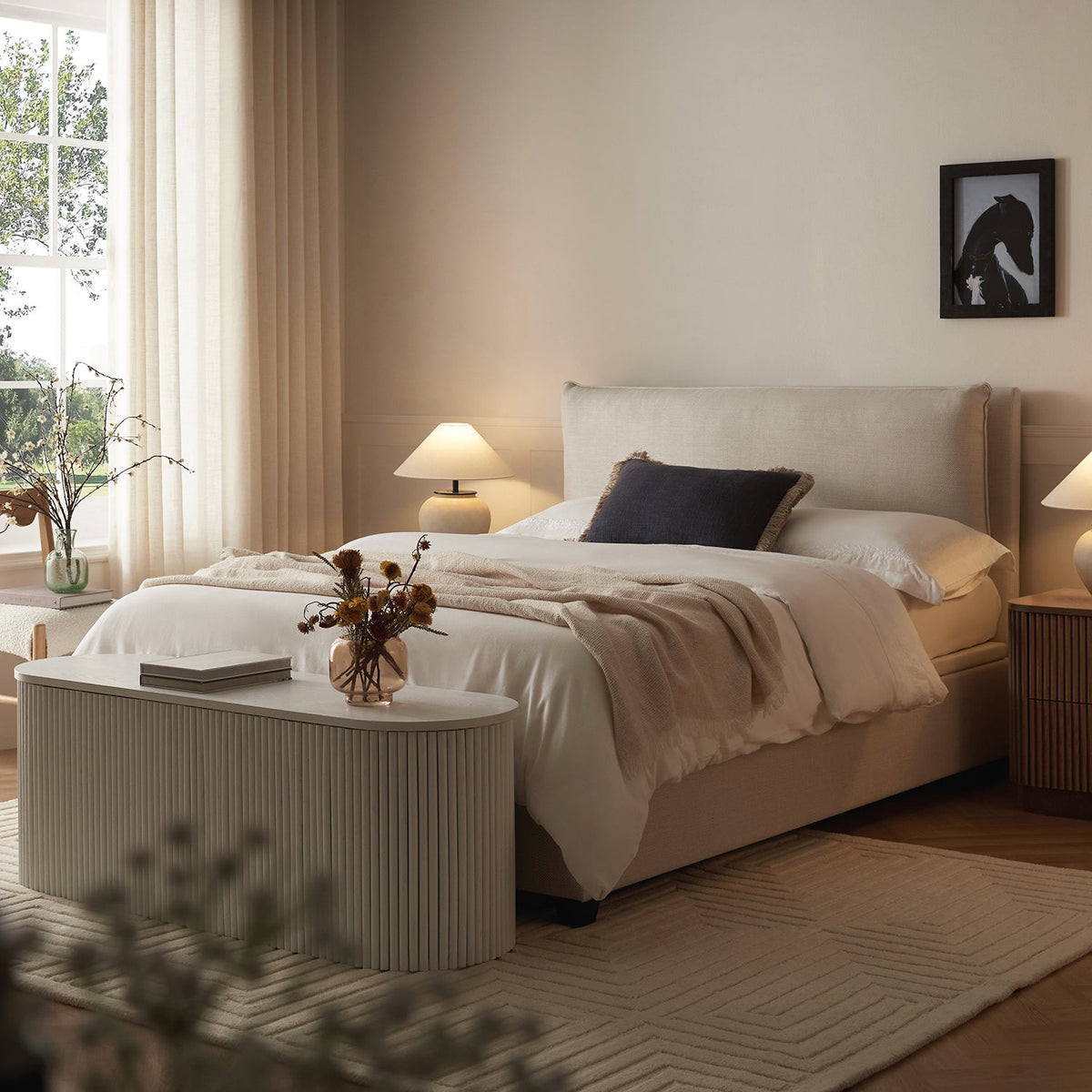Kricia Upholstered Storage Bed with Pillow Headboard in Oatmeal Chevron