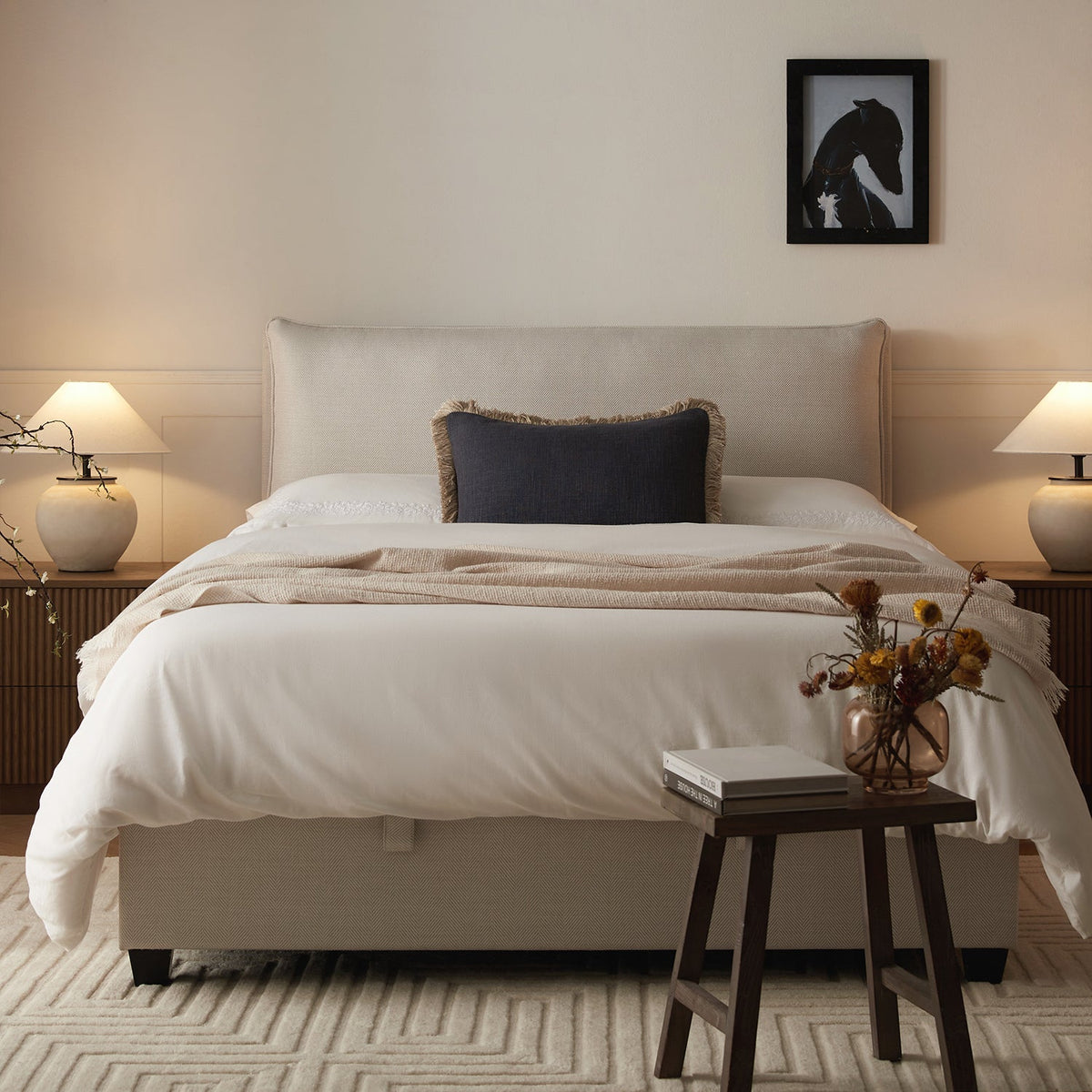 Kricia Upholstered Storage Bed with Pillow Headboard in Oatmeal Chevron