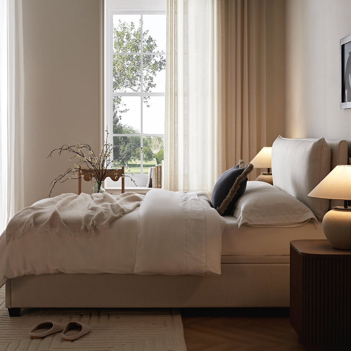 Kricia Upholstered Storage Bed with Pillow Headboard in Oatmeal Chevron