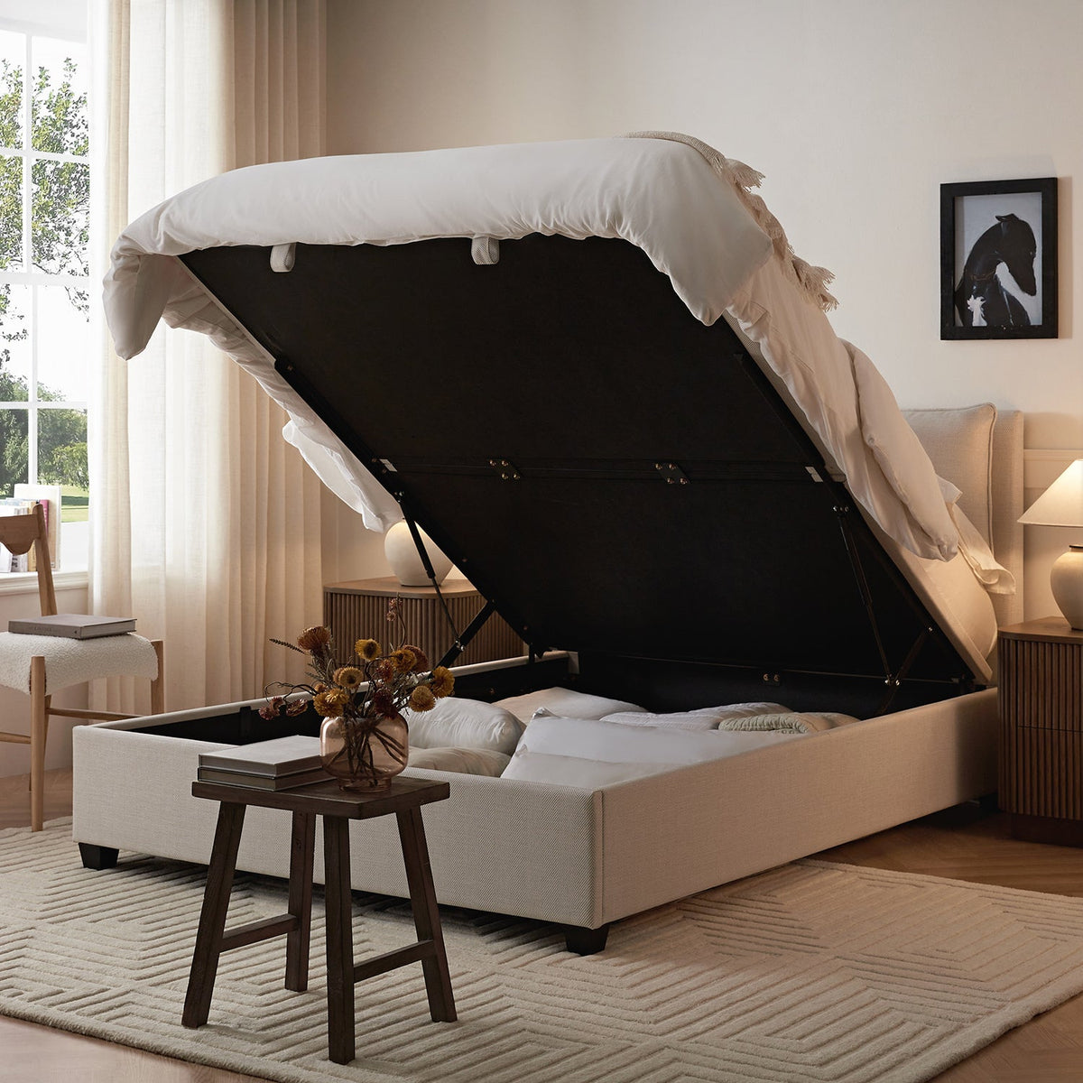 Kricia Upholstered Storage Bed with Pillow Headboard in Oatmeal Chevron