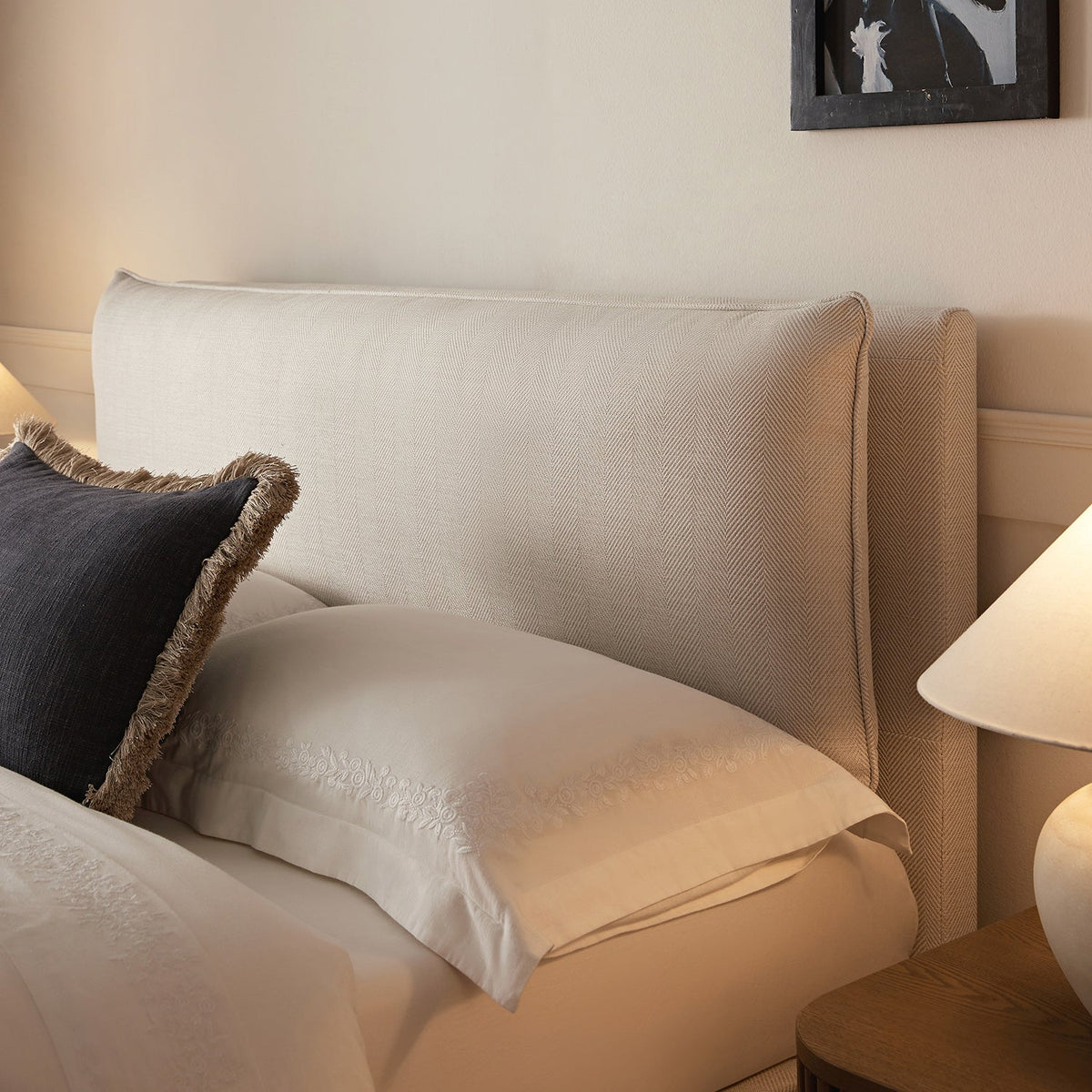 Kricia Upholstered Storage Bed with Pillow Headboard in Oatmeal Chevron