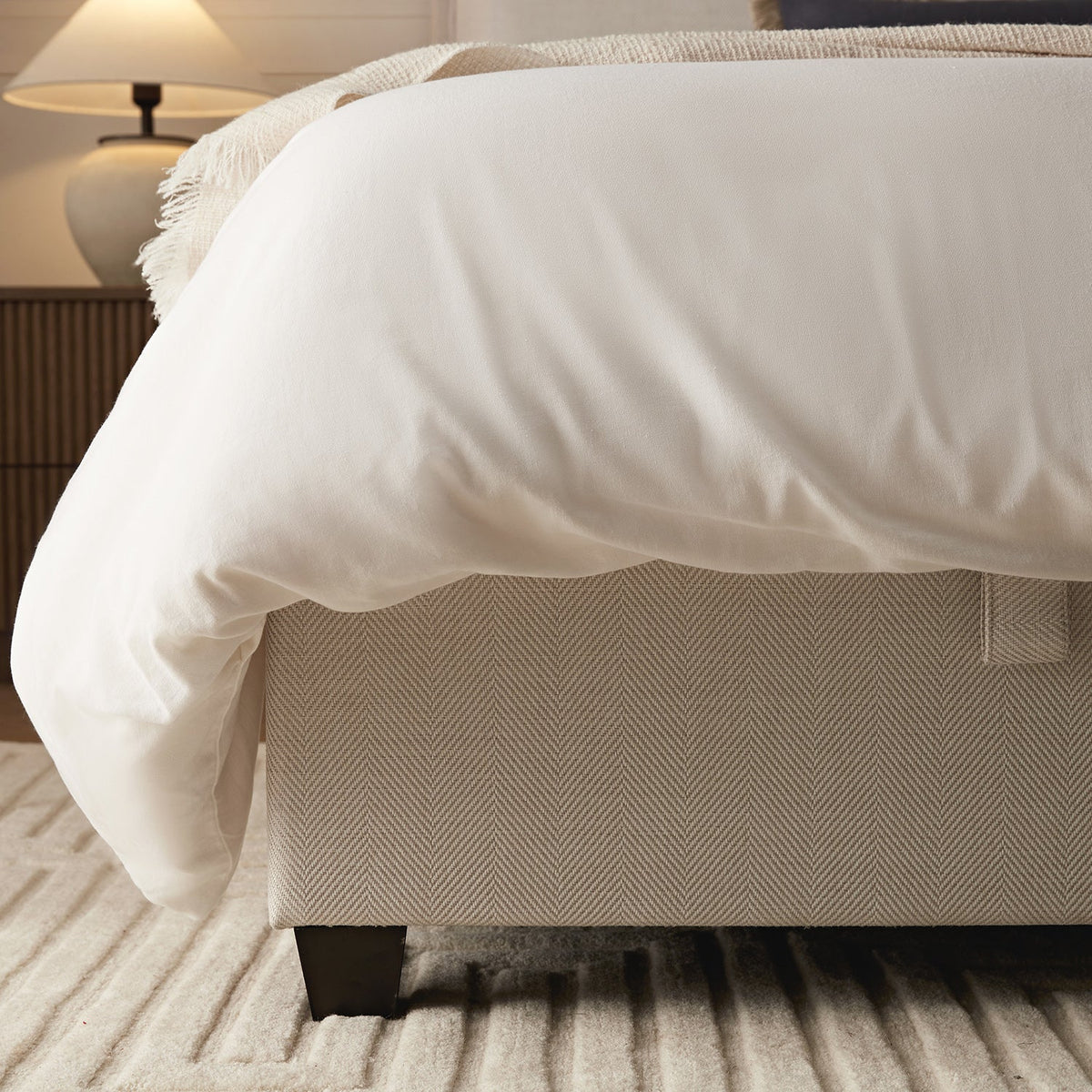 Kricia Upholstered Storage Bed with Pillow Headboard in Oatmeal Chevron