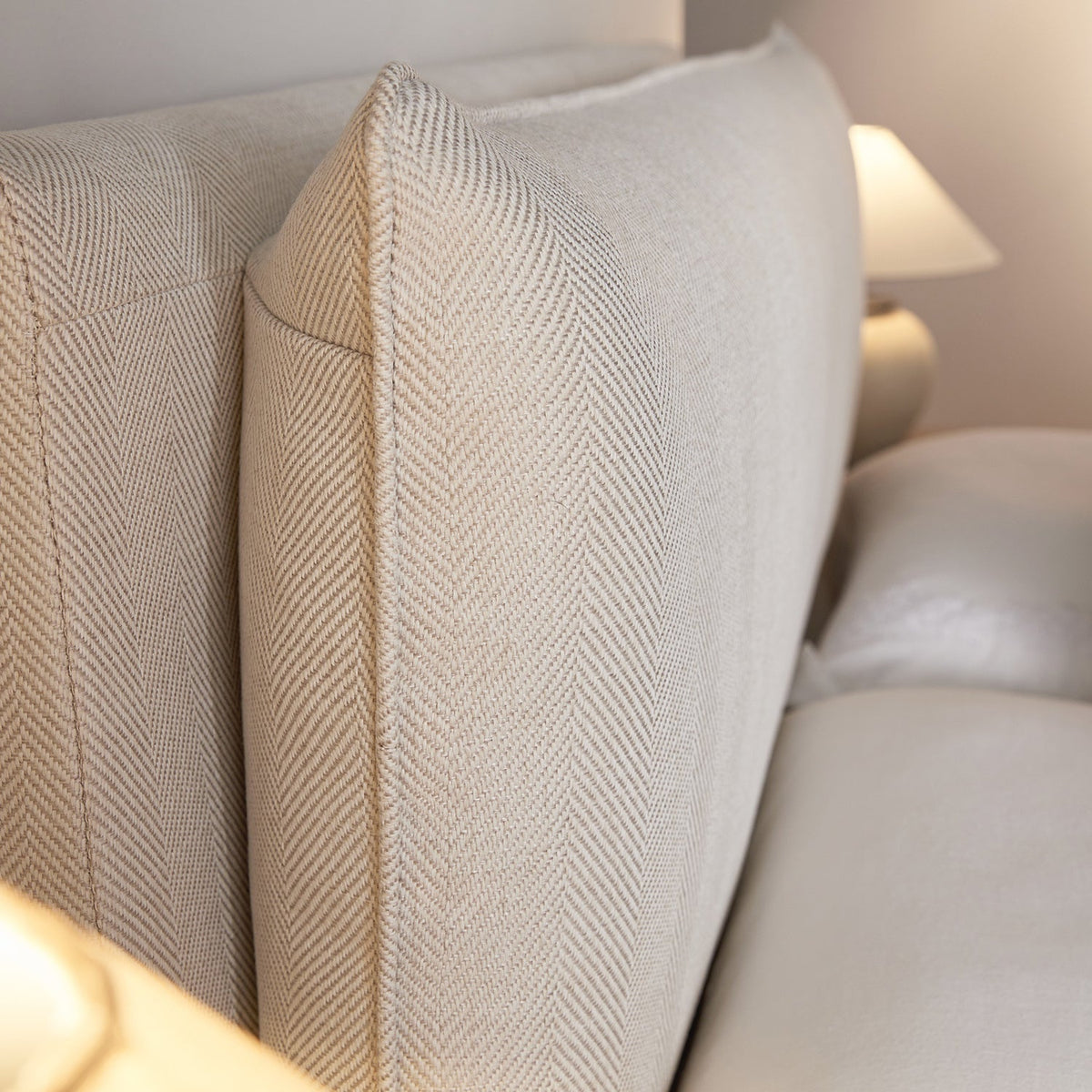 Kricia Upholstered Storage Bed with Pillow Headboard in Oatmeal Chevron