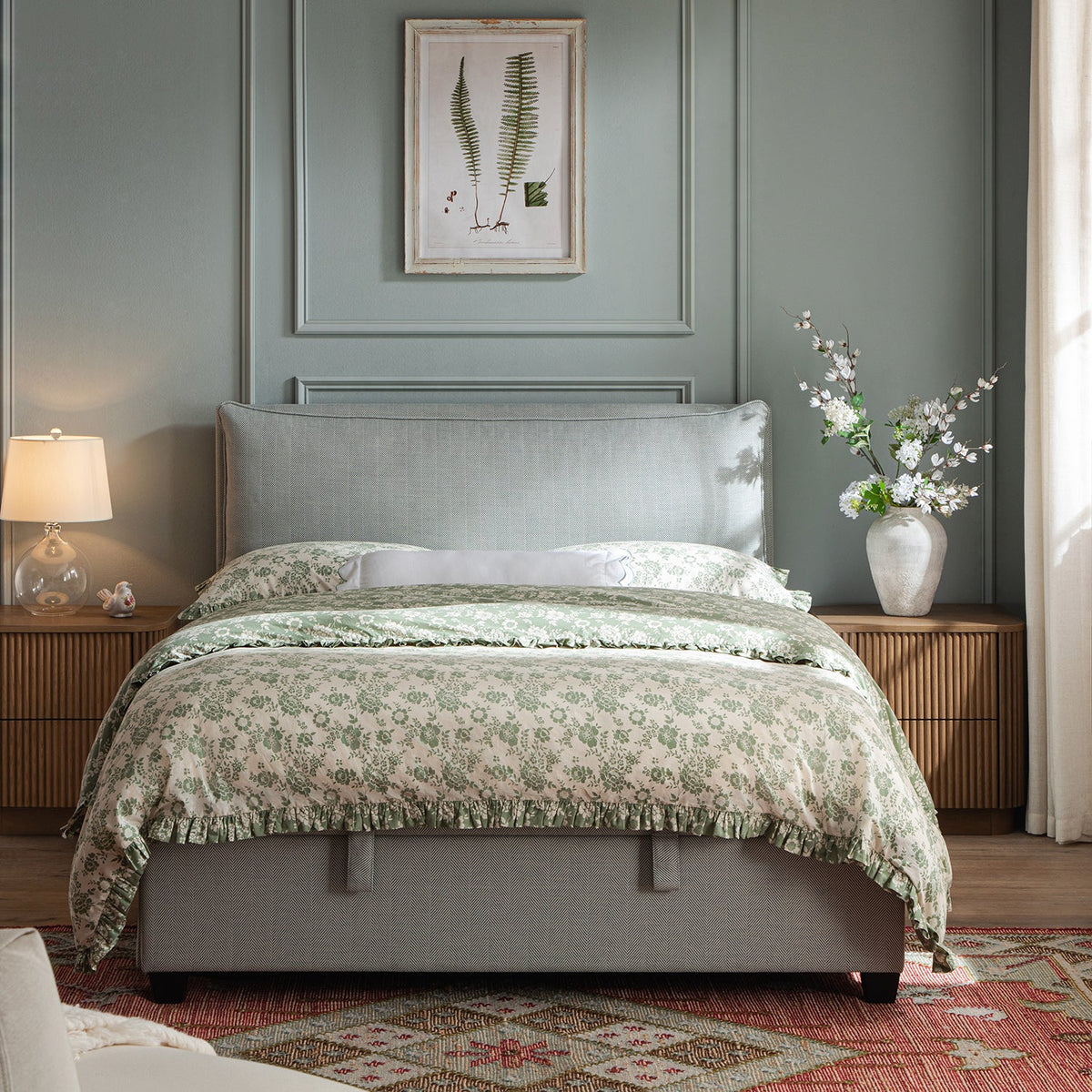 Kricia Upholstered Storage Bed with Pillow Headboard in Slate Blue Chevron