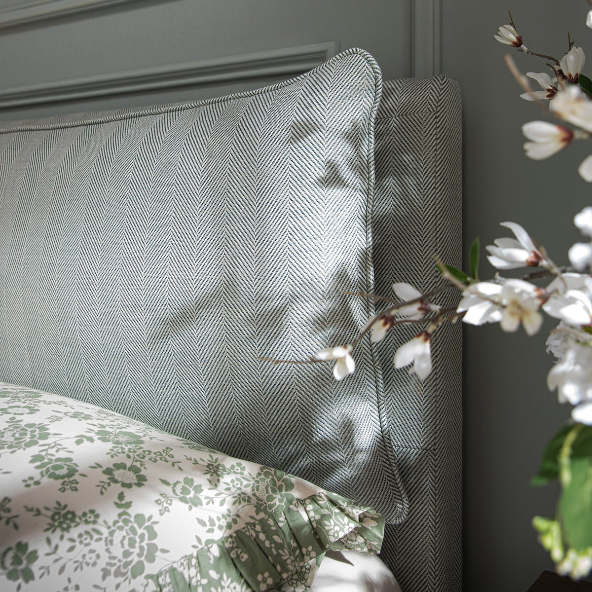 Kricia Upholstered Storage Bed with Pillow Headboard in Slate Blue Chevron