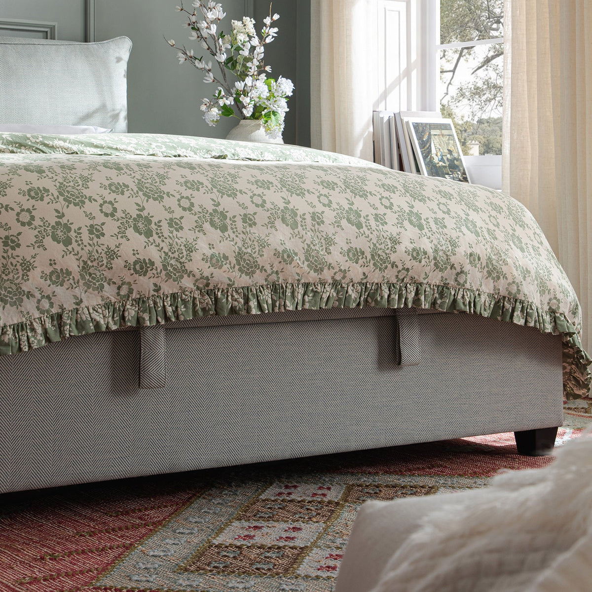 Kricia Upholstered Storage Bed with Pillow Headboard in Slate Blue Chevron